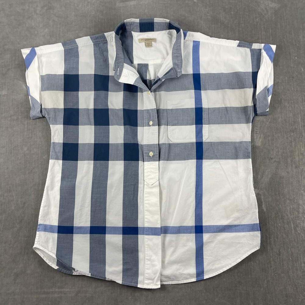 Burberry Women G Blue White Plaid Short Sleeve Button Down Shirt